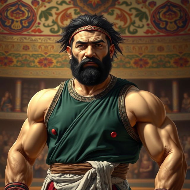 A powerful and charismatic portrait of Pahlavan Pourya, a legendary Iranian wrestler, depicted in traditional wrestling attire