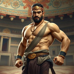 A powerful and charismatic portrait of Pahlavan Pourya, a legendary Iranian wrestler, depicted in traditional wrestling attire