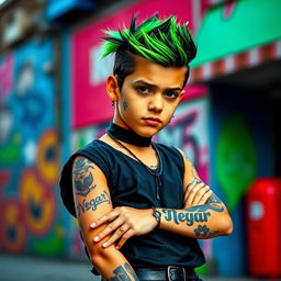 A flamboyant boy with vibrant green and black hair, wearing a stylish black outfit