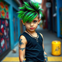 A flamboyant boy with vibrant green and black hair, wearing a stylish black outfit