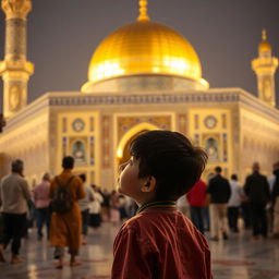 A young boy standing in front of the stunning shrine of Imam Hussein, with its golden dome and intricate tile work visible in the background