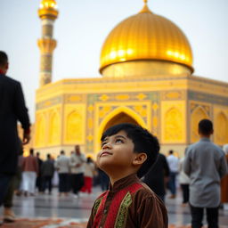 A young boy standing in front of the stunning shrine of Imam Hussein, with its golden dome and intricate tile work visible in the background