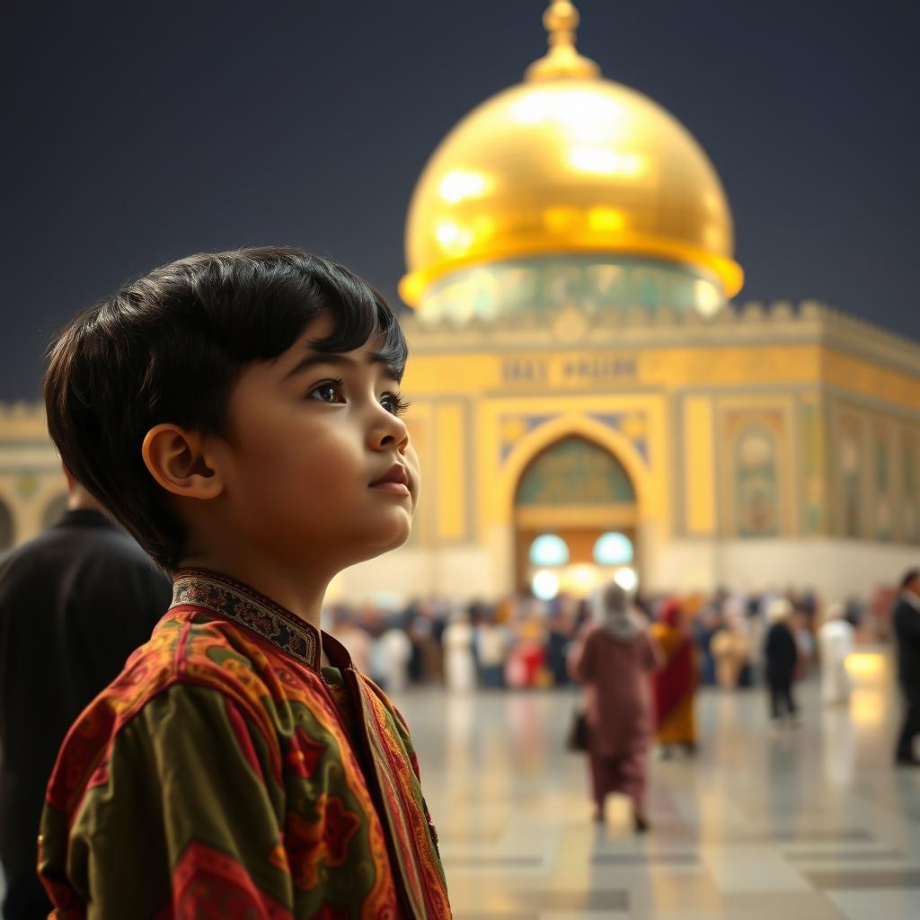 A young boy standing in front of the stunning shrine of Imam Hussein, with its golden dome and intricate tile work visible in the background