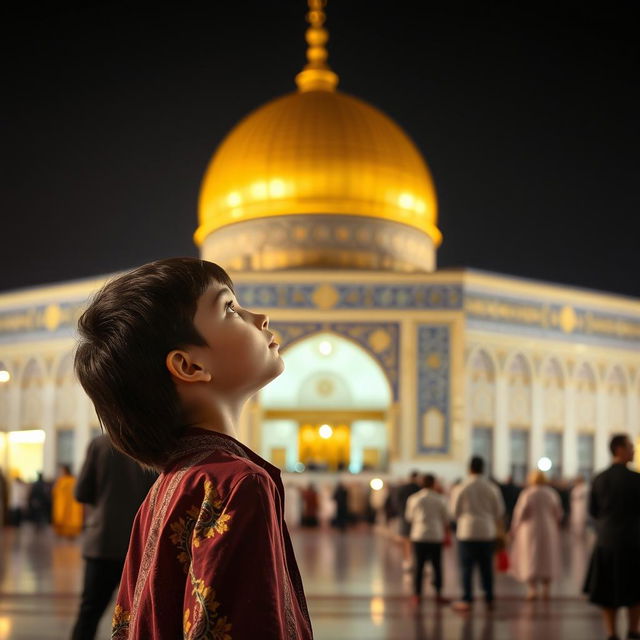 A young boy standing in front of the stunning shrine of Imam Hussein, with its golden dome and intricate tile work visible in the background