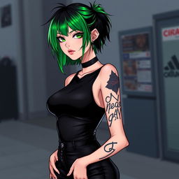 A femboy with striking green and black hair, wearing a sleek black outfit