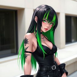 A femboy with striking green and black hair, wearing a sleek black outfit
