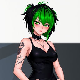 A femboy with striking green and black hair, wearing a sleek black outfit