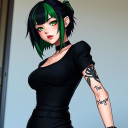 A femboy with striking green and black hair, wearing a sleek black outfit