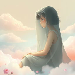 A mysterious girl sitting alone in a dreamy landscape, her face hidden behind a flowing veil, surrounded by soft pastel colors and whimsical clouds