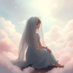 A mysterious girl sitting alone in a dreamy landscape, her face hidden behind a flowing veil, surrounded by soft pastel colors and whimsical clouds