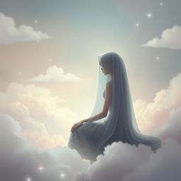 A mysterious girl sitting alone in a dreamy landscape, her face hidden behind a flowing veil, surrounded by soft pastel colors and whimsical clouds