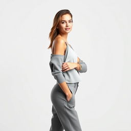 A professional studio portrait of a striking model standing confidently with a relaxed pose, wearing a stylish, modern outfit