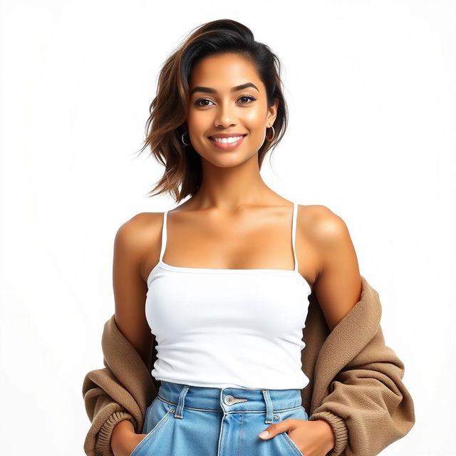 A professional studio portrait of a striking model standing confidently with a relaxed pose, wearing a stylish, modern outfit