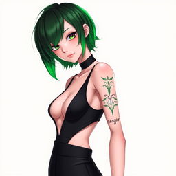 A slim and stylish femme boy with vibrant green and black hair