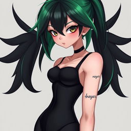 A slim and stylish femme boy with vibrant green and black hair