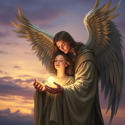 An artistic representation of Azrael, the Angel of Death, portrayed with a gentle and serene expression as he gently takes the soul of a young woman