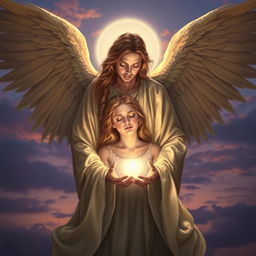 An artistic representation of Azrael, the Angel of Death, portrayed with a gentle and serene expression as he gently takes the soul of a young woman