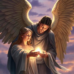 An artistic representation of Azrael, the Angel of Death, portrayed with a gentle and serene expression as he gently takes the soul of a young woman
