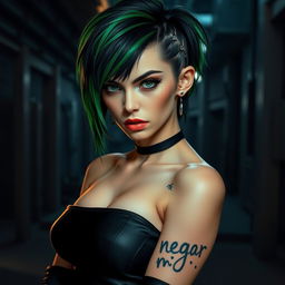 A edgy femboy with green and black hair, wearing a sleek black outfit