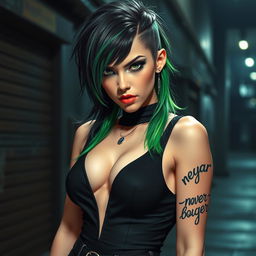 A edgy femboy with green and black hair, wearing a sleek black outfit