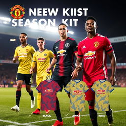 Manchester United's new season kits for the upcoming football season, showcasing a stylish home kit in bright red with black and white accents, featuring the club's crest prominently