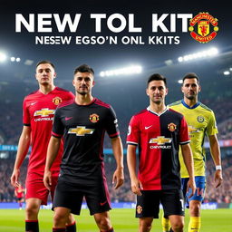 Manchester United's new season kits for the upcoming football season, showcasing a stylish home kit in bright red with black and white accents, featuring the club's crest prominently