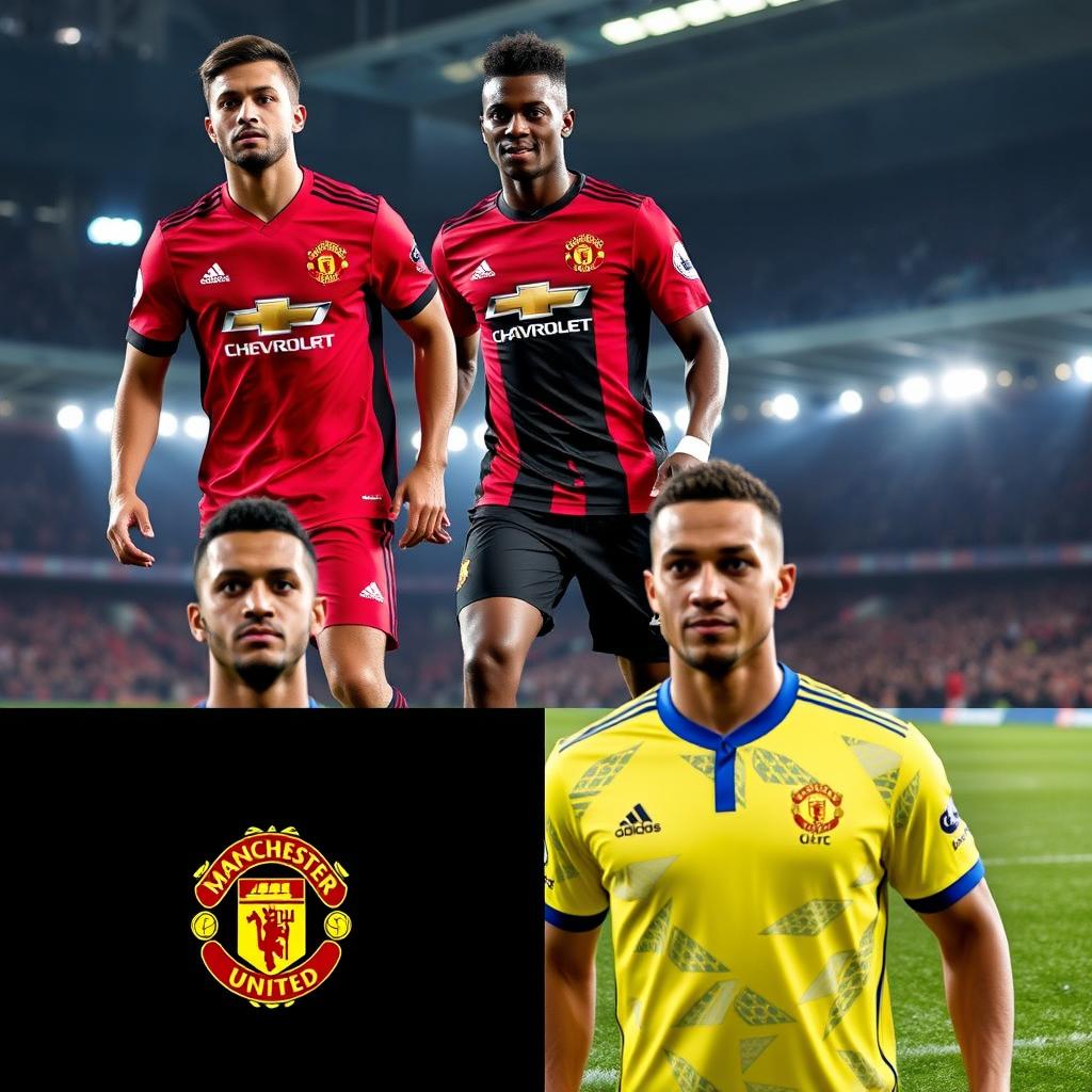 Manchester United's new season kits for the upcoming football season, showcasing a stylish home kit in bright red with black and white accents, featuring the club's crest prominently