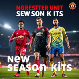 Manchester United's new season kits for the upcoming football season, showcasing a stylish home kit in bright red with black and white accents, featuring the club's crest prominently