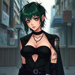 A femme boy with green and black hair, wearing a sleek black outfit