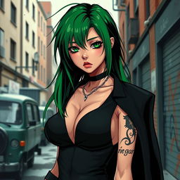 A femme boy with green and black hair, wearing a sleek black outfit