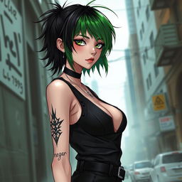 A femme boy with green and black hair, wearing a sleek black outfit