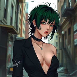 A femme boy with green and black hair, wearing a sleek black outfit