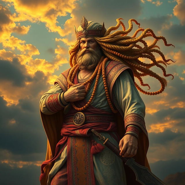 A powerful warrior god depicted in traditional Arabic clothing, showcasing ornate patterns and vibrant colors