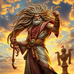 A powerful warrior god depicted in traditional Arabic clothing, showcasing ornate patterns and vibrant colors