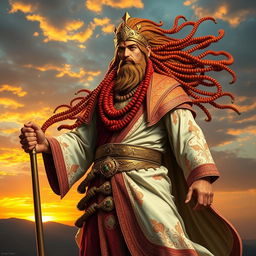 A powerful warrior god depicted in traditional Arabic clothing, showcasing ornate patterns and vibrant colors