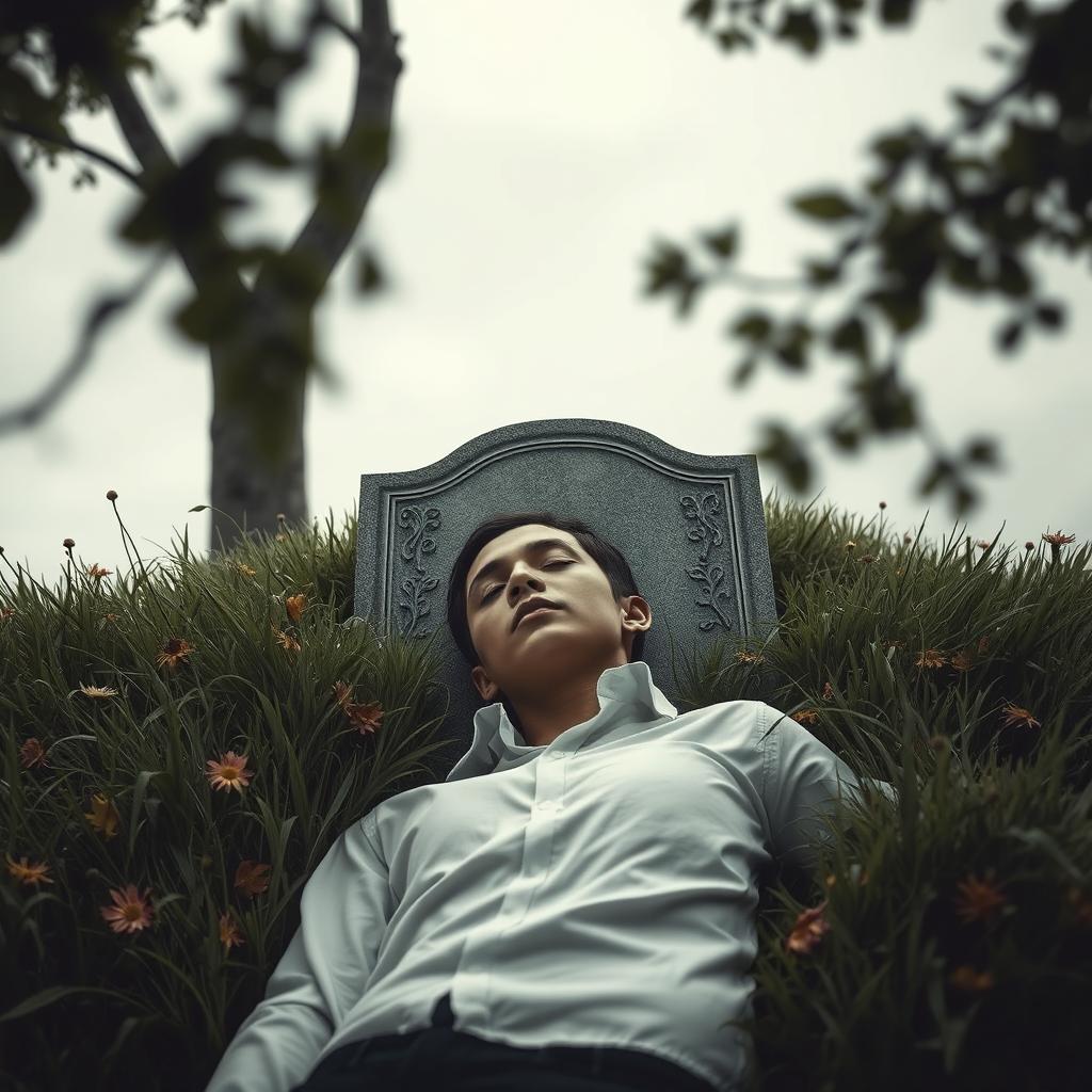 A somber scene depicting a single person lying in a grave, surrounded by lush green grass and wildflowers