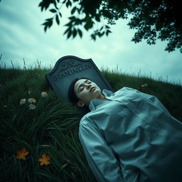 A somber scene depicting a single person lying in a grave, surrounded by lush green grass and wildflowers