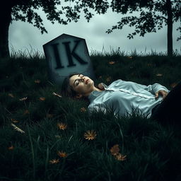 A somber scene depicting a single person lying in a grave, surrounded by lush green grass and wildflowers