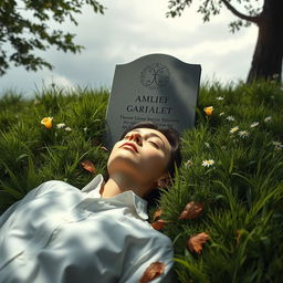 A somber scene depicting a single person lying in a grave, surrounded by lush green grass and wildflowers