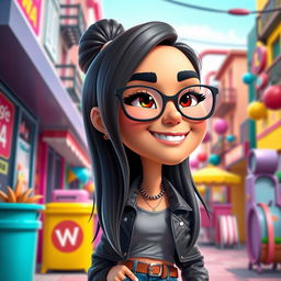 A stylish and playful 3D cartoon rendition of Mia Khalifa, featuring her with exaggerated cartoon-like traits