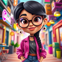 A stylish and playful 3D cartoon rendition of Mia Khalifa, featuring her with exaggerated cartoon-like traits