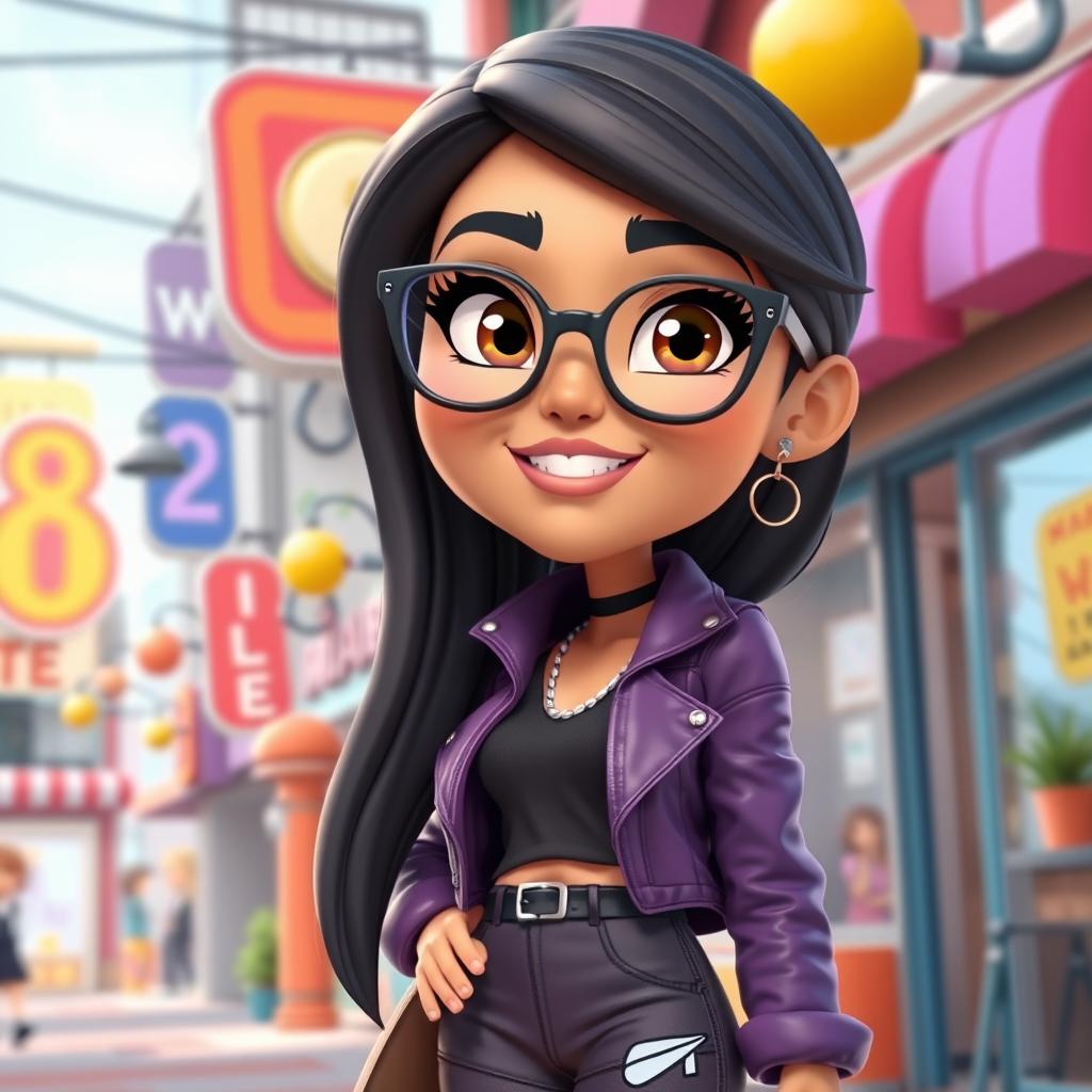 A stylish and playful 3D cartoon rendition of Mia Khalifa, featuring her with exaggerated cartoon-like traits