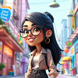 A stylish and playful 3D cartoon rendition of Mia Khalifa, featuring her with exaggerated cartoon-like traits