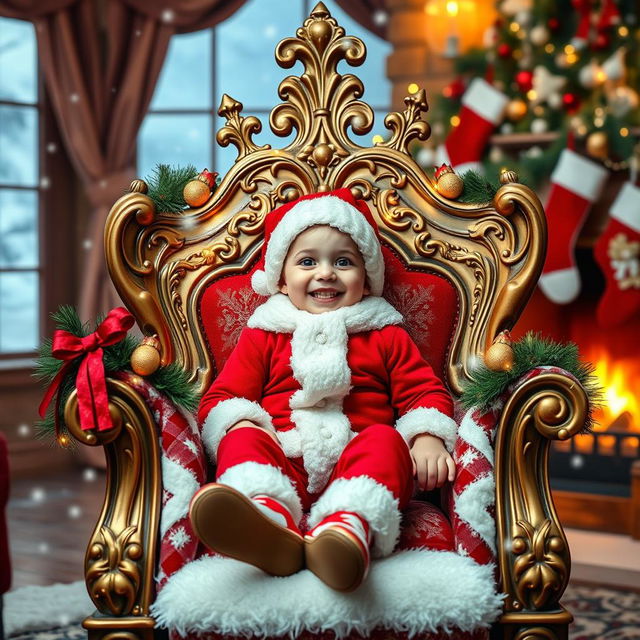 A young boy happily sitting on a beautifully ornate throne, adorned in festive Christmas attire, complete with a red and green outfit