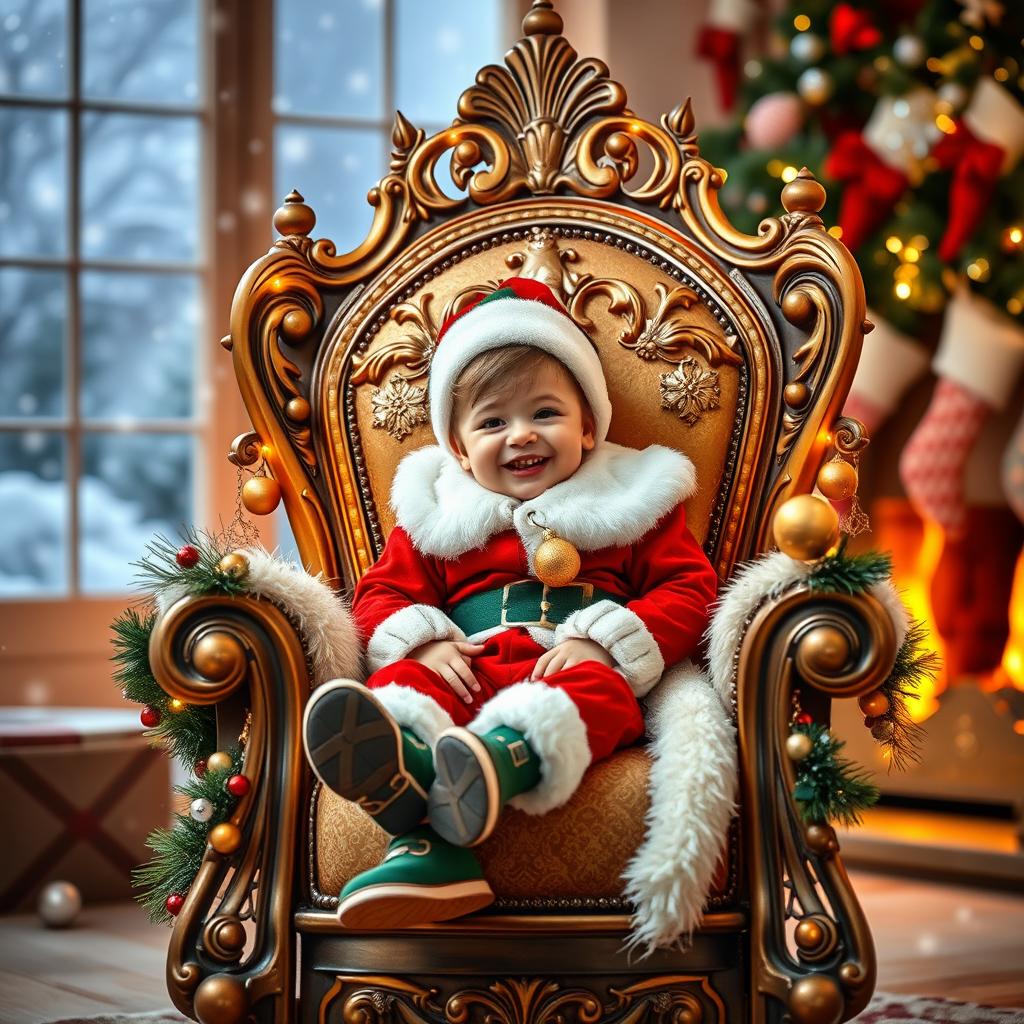 A young boy happily sitting on a beautifully ornate throne, adorned in festive Christmas attire, complete with a red and green outfit