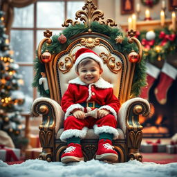 A young boy happily sitting on a beautifully ornate throne, adorned in festive Christmas attire, complete with a red and green outfit