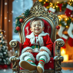 A young boy happily sitting on a beautifully ornate throne, adorned in festive Christmas attire, complete with a red and green outfit