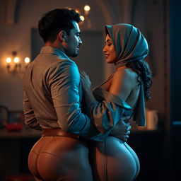 A captivating scene featuring a confident, curvy woman with a hijab, showcasing her attractive figure with size 42 breasts and a voluptuous backside, engaging intimately in a romantic setting with a handsome man