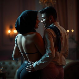 A captivating scene featuring a confident, curvy woman with a hijab, showcasing her attractive figure with size 42 breasts and a voluptuous backside, engaging intimately in a romantic setting with a handsome man