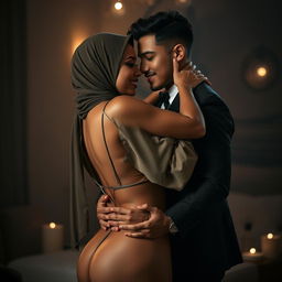 A captivating scene featuring a confident, curvy woman with a hijab, showcasing her attractive figure with size 42 breasts and a voluptuous backside, engaging intimately in a romantic setting with a handsome man